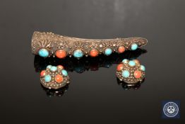 A silver-gilt brooch and earring suite set with turquoise and coral