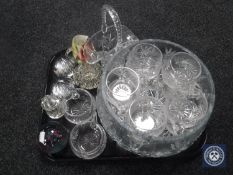 A large lead crystal fruit bowl and twelve cut glass cups, assorted paperweights,