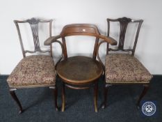 A Bentwood armchair and a pair of Victorian drawing room chairs