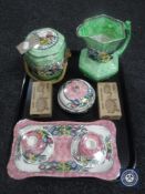 A tray of Maling biscuit barrel and jug, four-piece pink Maling trinket set,