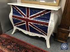 A contemporary bombe three-drawer chest with Union Jack design,