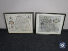 A pair of framed prints after Saxton; Lancashire, 1577 and Lincolnshire & Nottinghamshire,