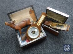 Two Victorian mahogany jewellery boxes containing cribbage boards, carved figure of a deer,