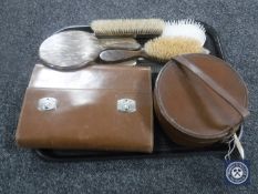 A tray of leather collar box, leather cased travel set,