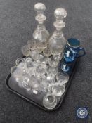 A tray of Victorian and later glass ware, hand painted blue glass jug and beaker,