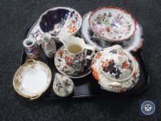 A tray of antique lustre china and oriental china, miniature famille rose vase,