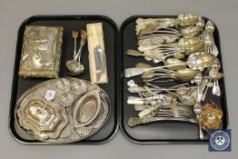 Two trays containing a collection of silver plated cutlery, tray,