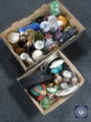 Two boxes of assorted tea china, kitchen storage jars, figural decanter,