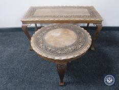 A Kashmir carved hardwood circular occasional table together with a similar rectangular coffee