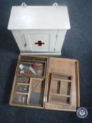 A 20th century painted medical cabinet and a pine tool box