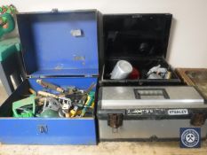 A Stanley tool box, two boxes of hand tools, gardening tools,