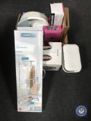 A box containing nailcare set and gel heater, electricals, cool box,