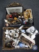 Two boxes of assorted 20th century table lamps, mirrored tray, mantel clock, metal framed mirror,