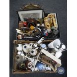 Two boxes of assorted 20th century table lamps, mirrored tray, mantel clock, metal framed mirror,