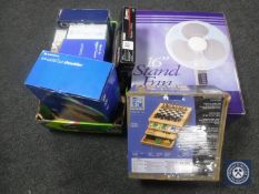 A box of assorted electricals including CD player, telephone sets, freeview box, shredder,
