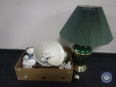 A large brass table lamp with shade together with a box containing Ringtons Maling jug,
