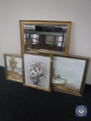 A gilt framed bevelled mirror together with three gilt framed oil paintings
