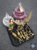 A tray containing Murano glass clown, lidded glass bowls,