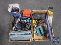 Two boxes containing assorted hand tools, steps, mitre saw, compressor, battery charger,