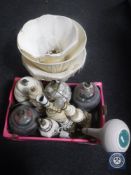 A box containing nine assorted pottery and marble table lamps,