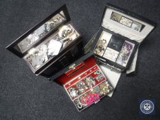 Three jewellery boxes containing a collection of costume jewellery