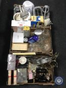 Three boxes containing assorted kitchen electricals, glass ware, cutlery, wall clock,