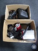 Two boxes containing assorted cameras, camera cases,