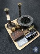 A tray containing a pair of oak barley twist candle holders, globe salt and pepper pots,