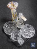 A tray containing cut glass decanter with wine label, coloured glass vase, two lead crystal bows,