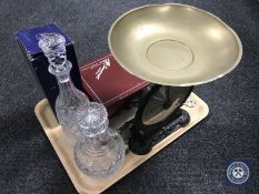 A tray containing three lead crystal decanters, set of Salter No.