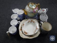 A tray containing assorted blue and white china, antique Maling willow pattern mug,