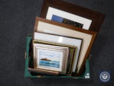 A box of assorted framed pictures and prints, local scenes, I Lindsay signed print of Tynemouth,