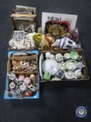Four boxes containing Grecian style ornaments, tea and dinner china, figurines,