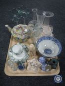 A tray of assorted glass ware, Royal Winton Sweetpeas teapot, English china nursery rhyme trio,