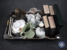 A box containing assorted wall plates, commemorative china, chalk bust of King Edward VII,