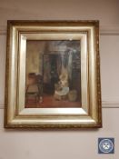 Late 19th/Early 20th century school, a young girl in cottage interior, oil on board,