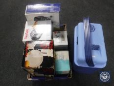 A box containing assorted kitchen electricals including Kenwood stand and bowl, toast, steam iron,