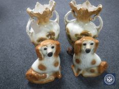 A pair of Victorian transfer printed vases together with a pair of Staffordshire spaniels