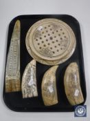A tray containing a scrimshaw style solitaire board together with scrimshaw style bridgeboard and