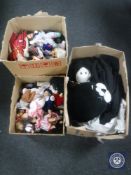 Three boxes containing 20th century soft toys and dolls together with a further four boxed funny