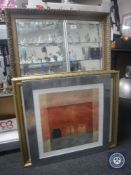 A gilt framed bevelled edge overmantel mirror together with two gilt framed prints, sailing ships,
