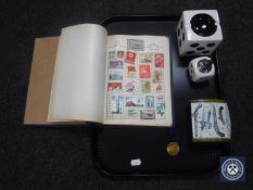 A tray containing 20th century Ace Herald stamp album together with a ceramic die ashtray and table