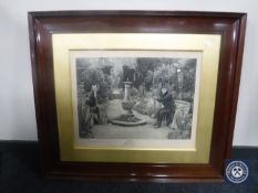 A mahogany framed antiquarian Dendy Sadler black and white print of two figures in walled garden