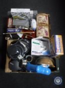 Two boxes containing pet bowls, water fountain, sewing box and miniature sewing machine,