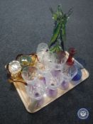 A tray of assorted glass ware including two Edinburgh Crystal brandy glasses,