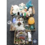 Two boxes of china, ornaments, horse figures, glass,