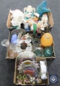 Two boxes of china, ornaments, horse figures, glass,