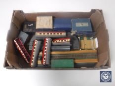 Two boxes containing model railway items, power control unit, power packs,