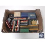 Two boxes containing model railway items, power control unit, power packs,