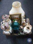 A box containing pair of china table lamps, carved wall bracket, Mason's vase,